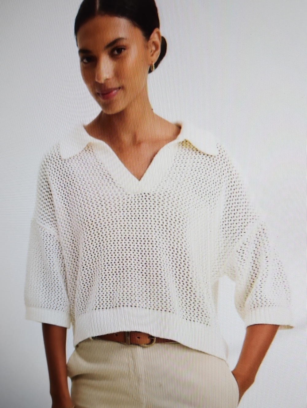Velvet by Jenny Graham Cashmere/Cotton Ivory Open Stitch Polo Sweater Sz XL